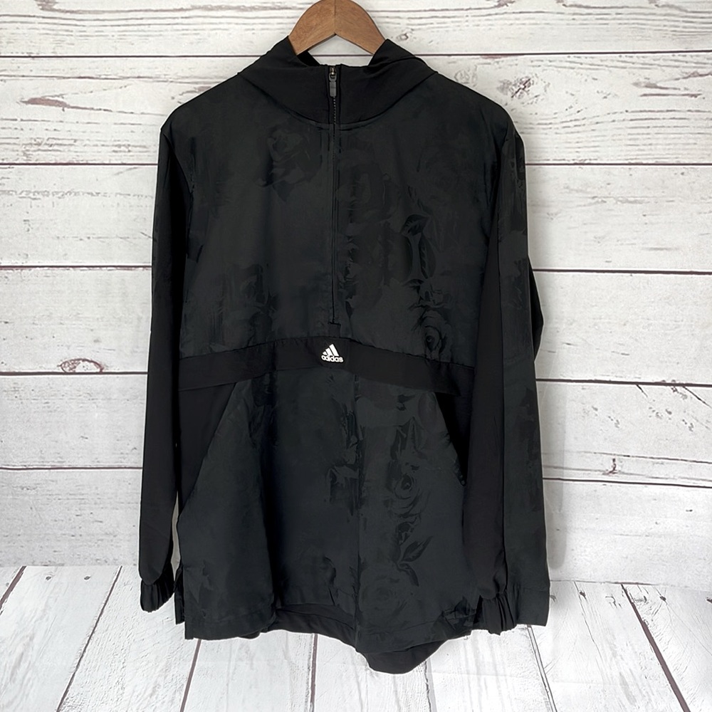 ADIDAS Black Floral 1/2 Zip Hooded Jacket Size Large